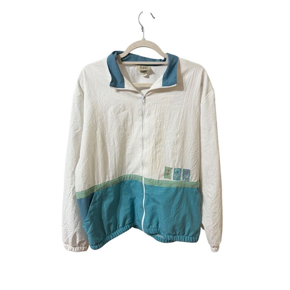 Vintage Teddi Women’s White Teal Zip-up Windbreaker floral detail sz L
